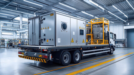 Naklejka premium Compact SMR unit on transport truck in industrial setting, showcasing advanced technology and safety features. vehicle is designed for efficient transport and operation