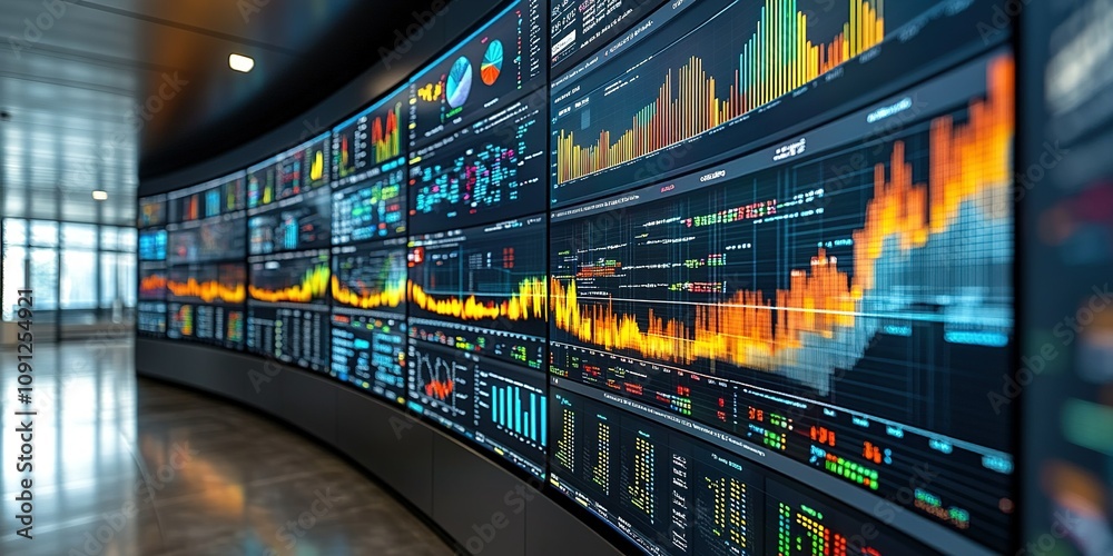 Poster data analysis in a modern office with multiple screens displaying financial graphs and metrics