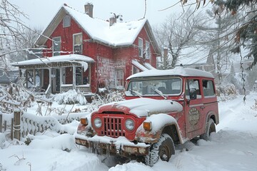 Red suv blanketed in snow amidst backyard snowstorm, creating a winter wonderland scene