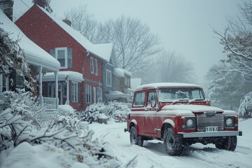 Red suv completely covered in snow, resting in the backyard during a fierce snowstorm event