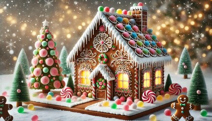 Pastel gingerbread house with candy decorations and icing