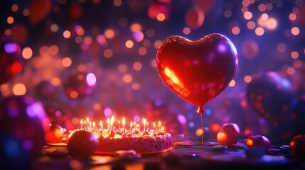 Obraz premium Festive birthday celebration with a heart-shaped balloon and a beautifully decorated cake adorned with lit candles amidst a colorful bokeh backdrop.