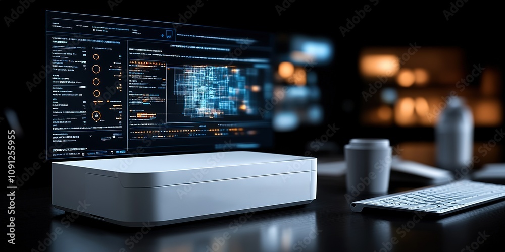 Poster high-tech workspace with futuristic computer interface and background ambiance in evening setting