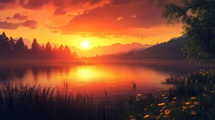 Obraz premium Vibrant sunset casting orange and gold reflections on a tranquil lake, framed by lush trees and distant mountains amidst a serene natural landscape.