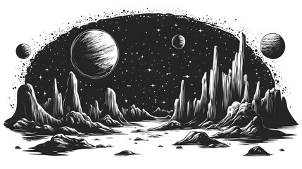 a space fantasy scene design isolated sticker on a white background