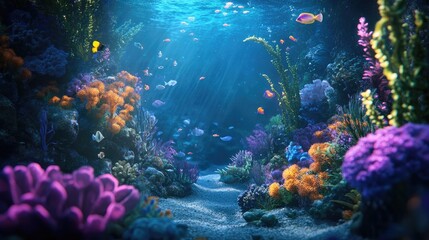 Obraz premium Vibrant underwater scene showcasing exotic marine life among colorful coral reefs in a deep blue aquarium filled with captivating details.