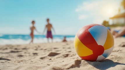 Obraz premium Vibrant beach ball rests on the sandy shore as kids enjoy summer fun by the sea, creating a relaxed vacation atmosphere