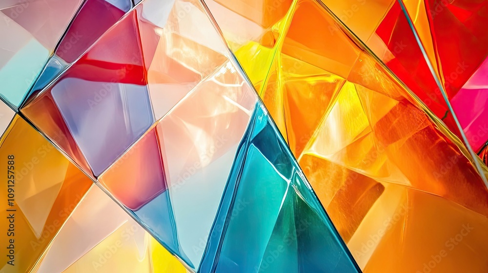 Poster abstract colorful glass triangles forming a dynamic pattern with transparency and light reflections.