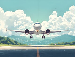 A plane takes off from the runway against a clear sky of clouds