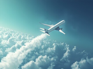 Obraz premium A concept illustration of an airplane flying above the clouds in the background of travel