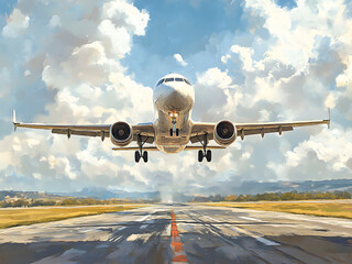 A plane takes off from the runway against a clear sky of clouds