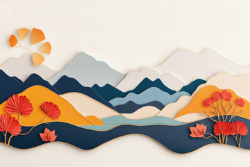 Fototapeta premium Chinese lake tapestry wallpaper, serene mountains, soft gray and amber hues, adds tranquility and elegance to any space.