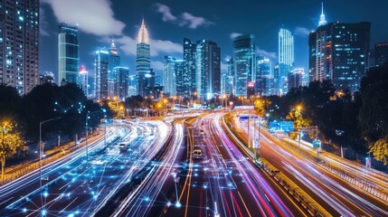 Fototapeta premium A city at night with a lot of traffic and lights