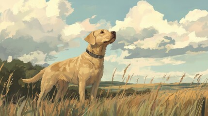 Obraz premium A Yellow Labrador Retriever Standing Proudly in a Sunlit Outdoor Field Surrounded by Tall Grass and Dramatic Clouds in a Tranquil Landscape Setting