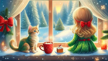 christmas card with kitten and little girl
