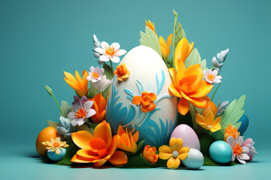 An Easter egg surrounded by delicate flowers on a blue background, with a paper origami style. The design is perfect for a card or banner