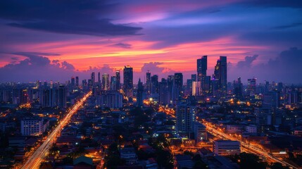 Fototapeta premium A city skyline at dusk with a beautiful orange and pink sky