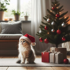 Fototapeta premium Cat wearing a Santa hat next to a Christmas tree decorated with red and silver ornaments