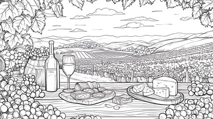 Obraz premium Vineyard, coloring wallpaper, the line drawing of a wine glass and a vineyard.