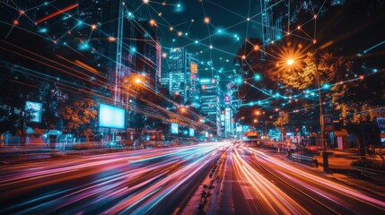 A city street at night with a lot of lights and cars