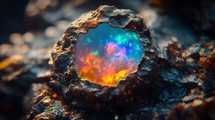 Fototapeta premium A Captivating Kaleidoscope of Color in a Black Opal Embedded in Earthy Rock
