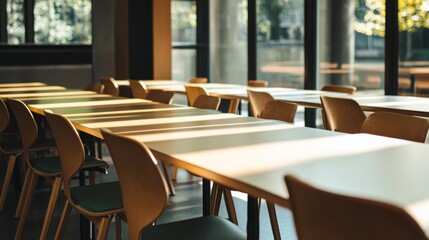 Fototapeta premium Empty school cafeteria tables during off-peak hours, a serene moment of reflection on the passage of time and the transient nature of youth.