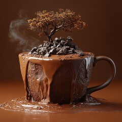 Tree growing from a cup of melting chocolate dessert.