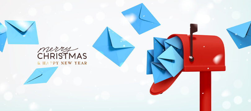 Merry Christmas and New Year festive design with blue postal paper letters flying out from open mailbox. New Year's letters to Santa Claus. Light background sparkle bokeh and snow. Vector illustration
