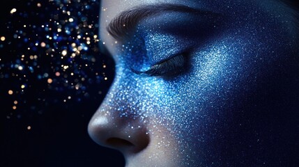 Obraz premium Face adorned with blue glitter in cosmic beauty aura