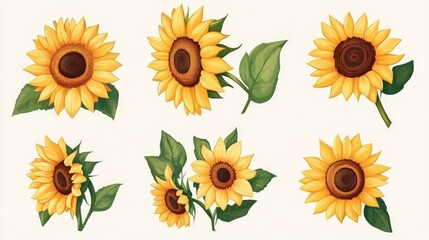 Collection of beautifully illustrated sunflowers in various poses, showcasing vibrant yellow petals and rich brown centers against a soft background.