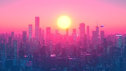 Fototapeta premium Futuristic Cyberpunk Cityscape at Sunset Featuring Bold Neon Colors and Vibrant Skyline with Flying Vehicle Overhead