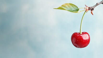 Ripe red cherry with water droplets hanging from branch against soft blue background, ideal for healthy eating and summer concepts