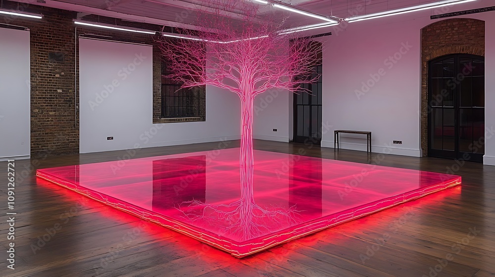 Poster neon art display featuring delicate linework in a contemporary setting with illuminated tree and ref