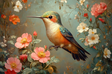 A small bird, probably a hummingbird, sitting among beautiful blooming flowers. 