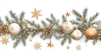 Festive Christmas Banner Showcasing Lush Pine Branches Adorned with Golden Spheres, Stars, and Snowflakes Against a Crisp White Background for an Elegant Holiday Decor Look