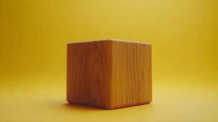 Timeless Simplicity: A Wooden Cube Against a Vibrant Yellow Background