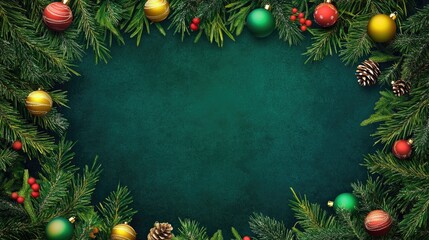 Festive holiday backdrop with lush green fir tree branches, colorful ornaments, and a blank center ideal for personalized messages or greetings.