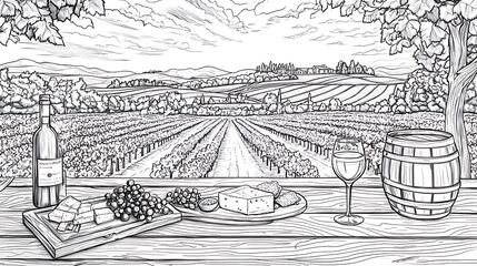 Fototapeta premium Vineyard, coloring wallpaper, the line drawing of a wine glass and a vineyard.