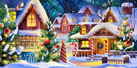 Watercolor Christmas Village with Festive Lights and Decorations