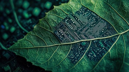 Microchip technology integrated into a green leaf.