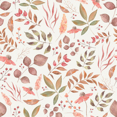 Watercolor pattern of autumn plants. Autumn leaves, leaf fall. Modern bright style. 