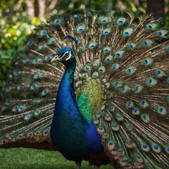 Fototapeta premium A vibrant peacock spreading its iridescent feathers in a lush garden.