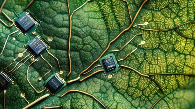 Close-up view of green leaf with microchip patterns