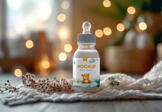 Baby Milk Bottle Mockup &ndash; Cute Toddler Formula Packaging Scene with Soft Lighting and Toy-Inspired Label Design for Infant Branding