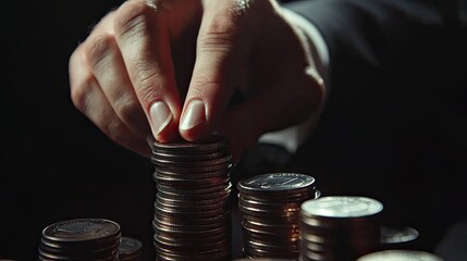 Businessman puts coins on a pile of coins.