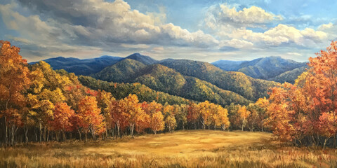 Fototapeta premium a picturesque autumn landscape where forested hills are covered with vibrant autumn trees, shimmering in shades of gold, red and orange. 