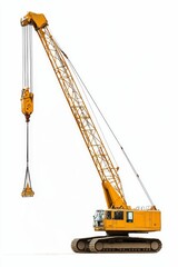 Large yellow crane, long boom, lifting hook.