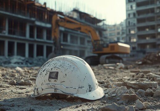 Construction Site with Acive Excavator and a Dirty White Safety Helmet on Ground, Symbolizing Hard Work and Construction Industry Challenges