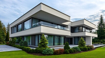 Modern architectural design featuring a sleek, contemporary house with landscaped surroundings.