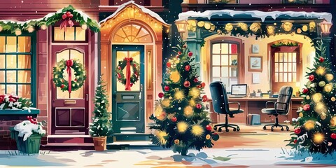 Obraz premium Festive Christmas Street with Snowy Path and Decorations